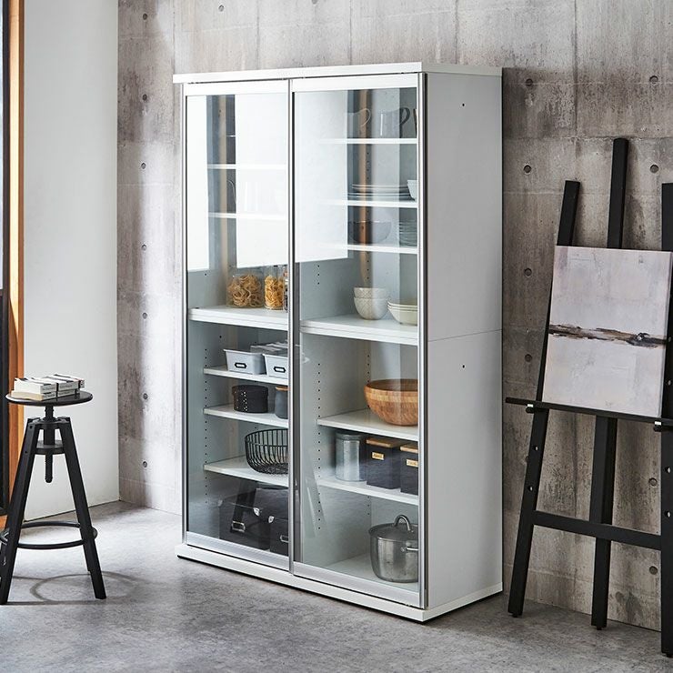 食器棚 ポエム ホワイト(扉枠シルバー)