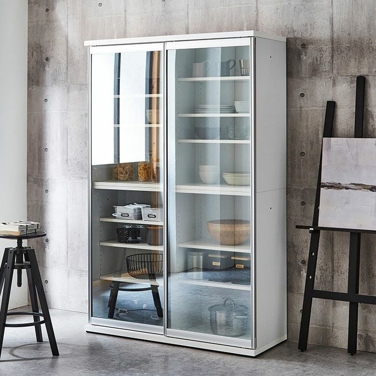 食器棚 ポエム ホワイト(扉枠シルバー)