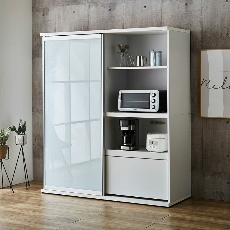 レディオーク扉 ホワイトガラス スライド式大容量棚