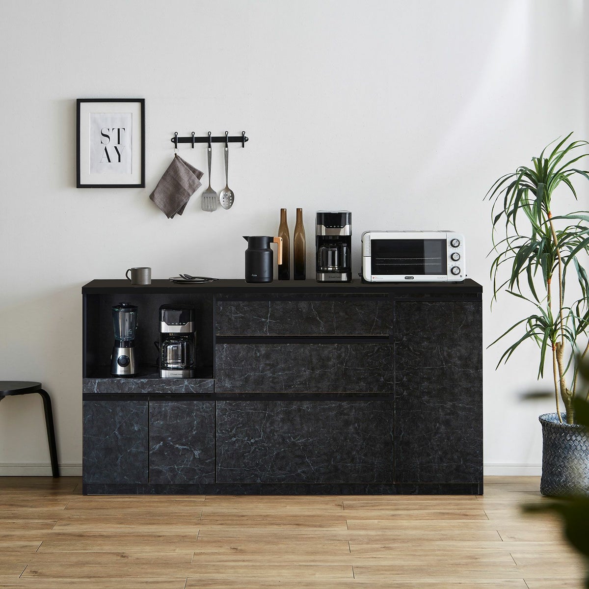 キッチンカウンターアンサンブル 石目調で高級感抜群ストーンブラック