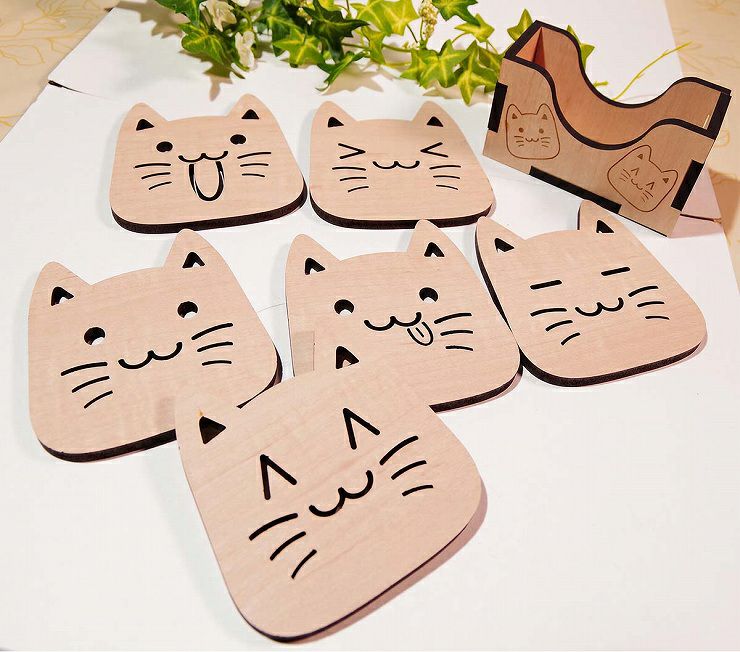 収納ケース付 かわいい猫の木製コースター 6枚セットネココースター