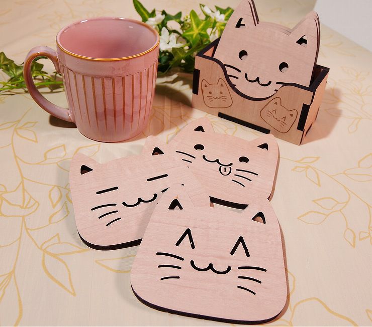 収納ケース付 かわいい猫の木製コースター 6枚セットネココースター
