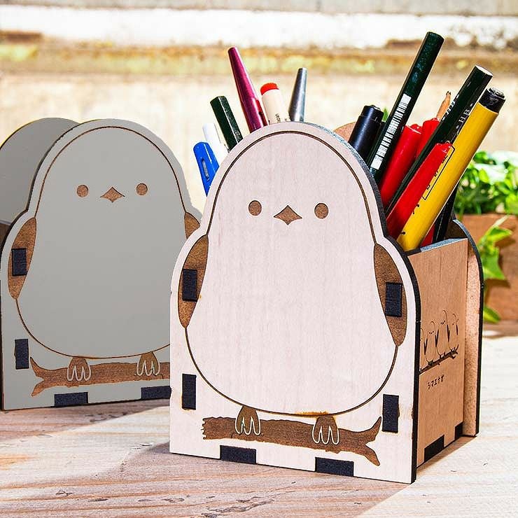 木製 ペンスタンド シマエナガ デザイン 文房具スタンド ペンスタンド