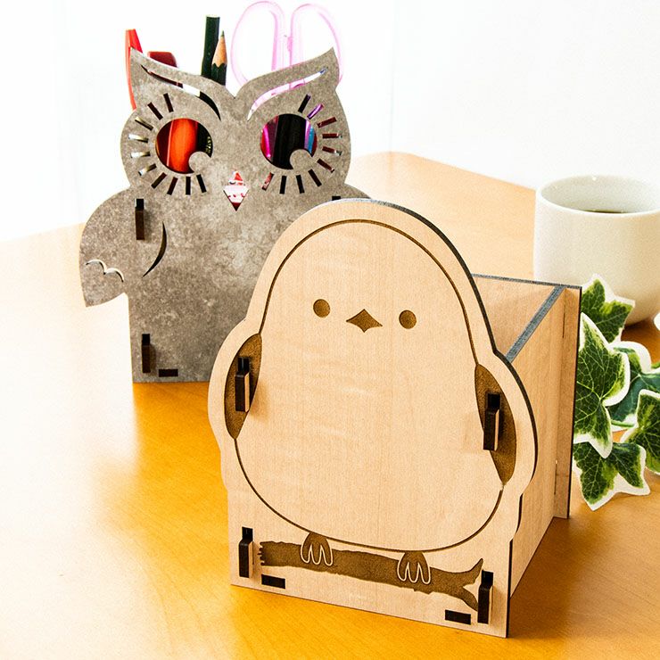 木製 ペンスタンド シマエナガ フクロウ デザイン 文房具スタンド ペン