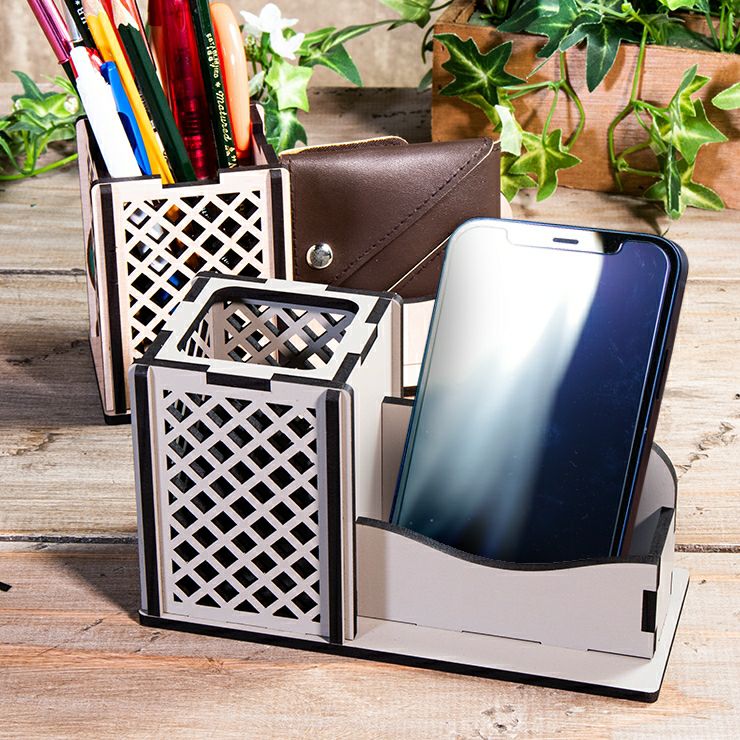 木製 ペンスタンドスマホスタンド付き ペンスタンド シンプル 文房具