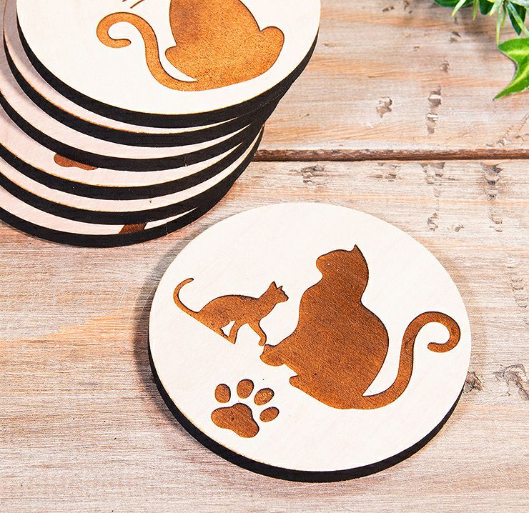 7種から選べるデザイン 木製コースター 4枚セット 猫 ネコ 9cm×9cm