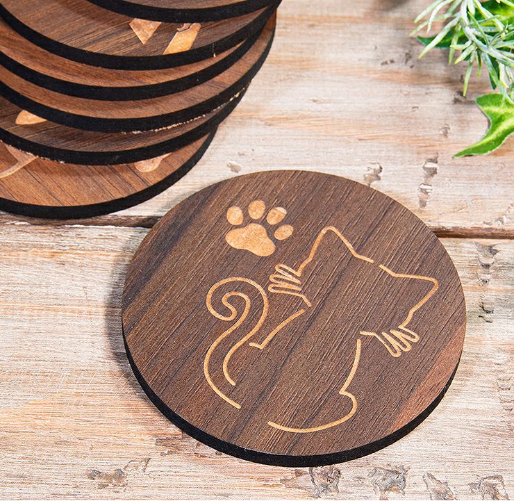 7種から選べるデザイン 木製コースター 4枚セット 猫 ネコ 9cm×9cm