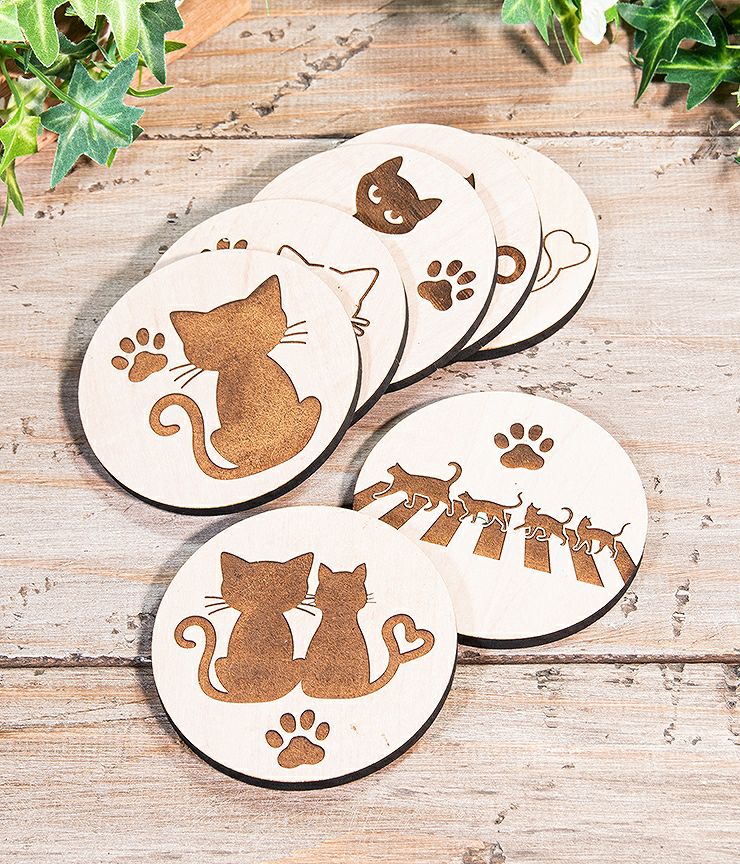7種から選べるデザイン 木製コースター 4枚セット 猫 ネコ 9cm×9cm
