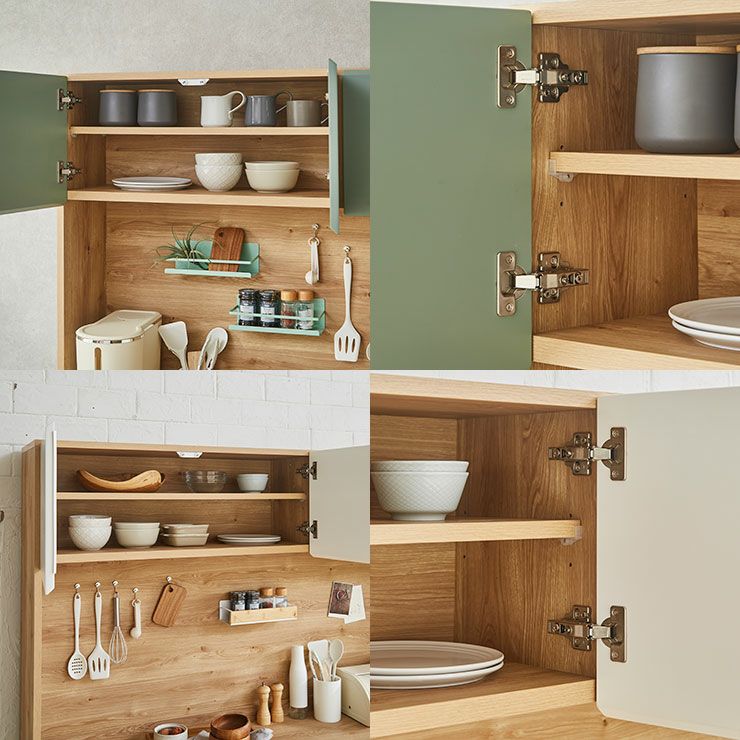 背面マグネットで浮かせる収納ができるグリーン食器棚